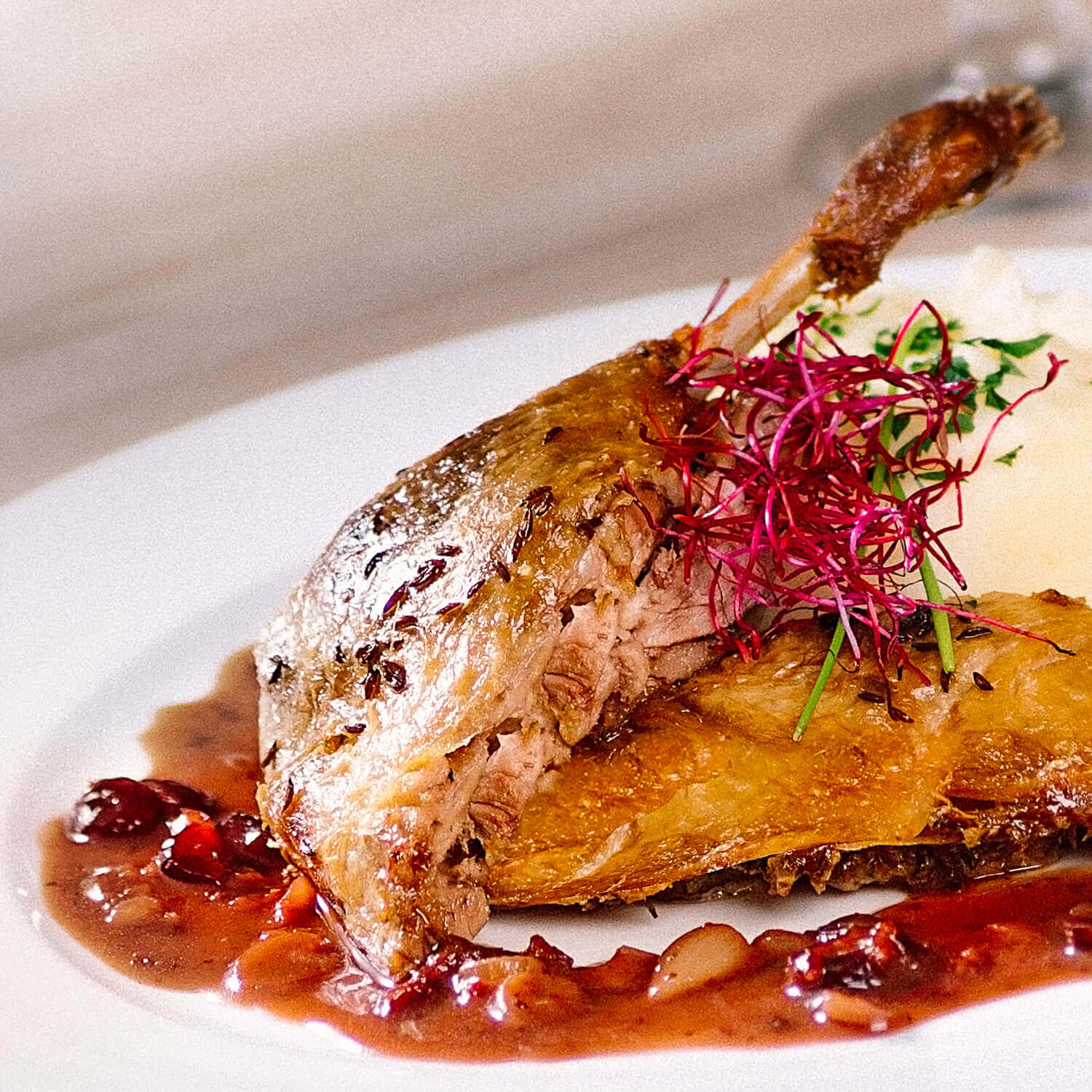 Duck leg with black beer and cranberry sauce with potato puree