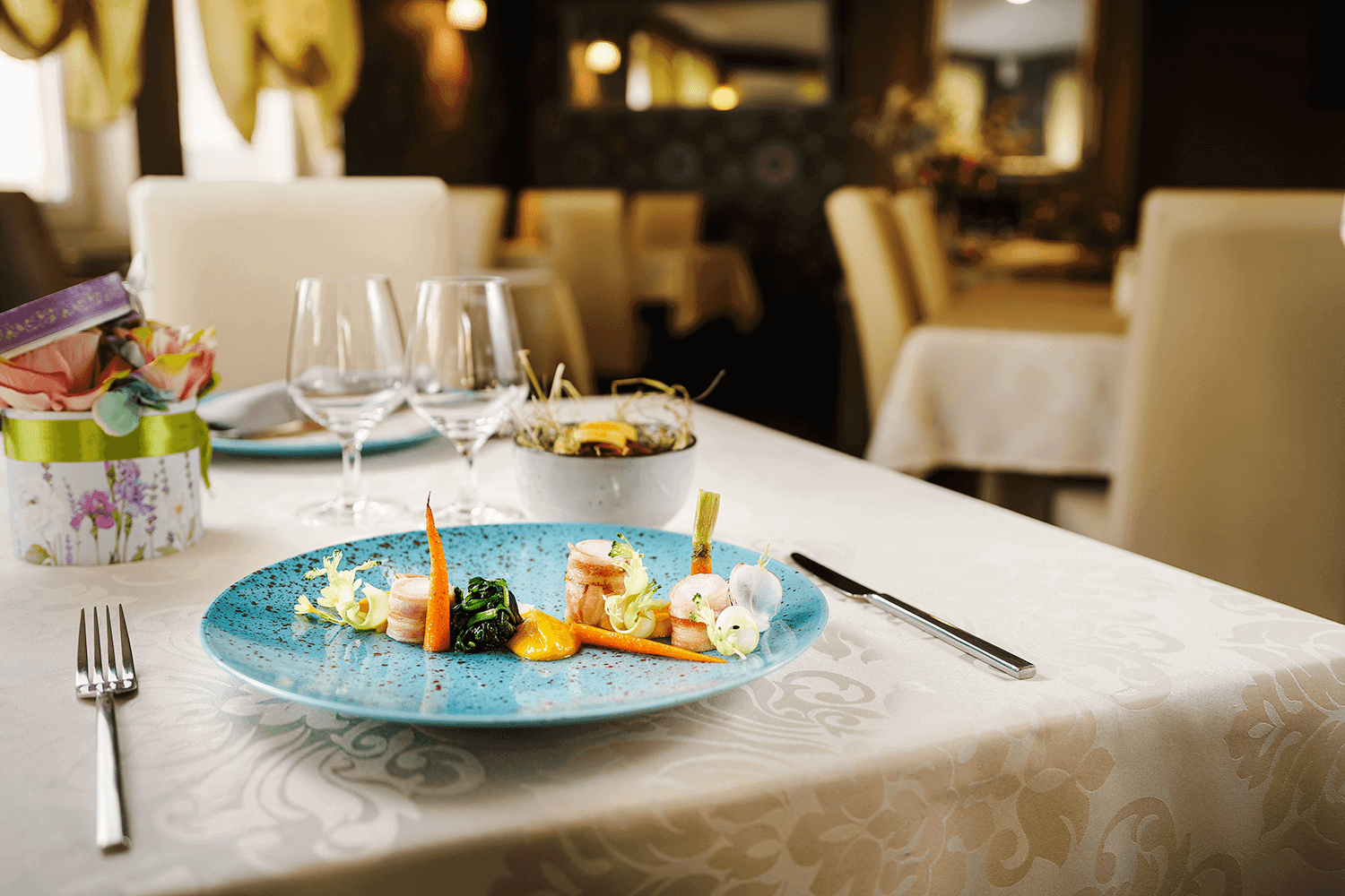 Back of young rabbit with carrot puree